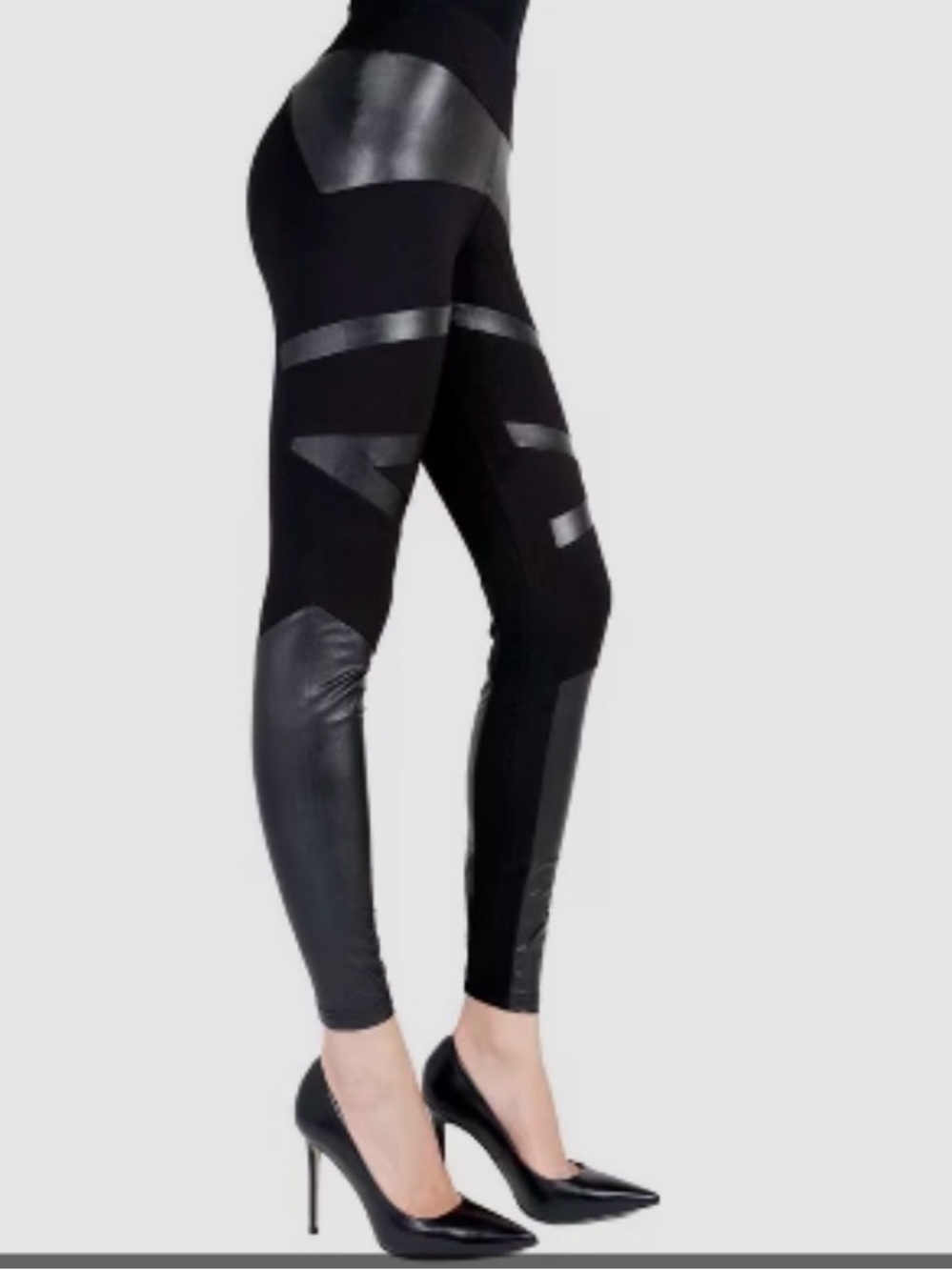 Memoi  Women’s Sexy High Waisted Moto Faux Leather Accent Shaping Leggings
